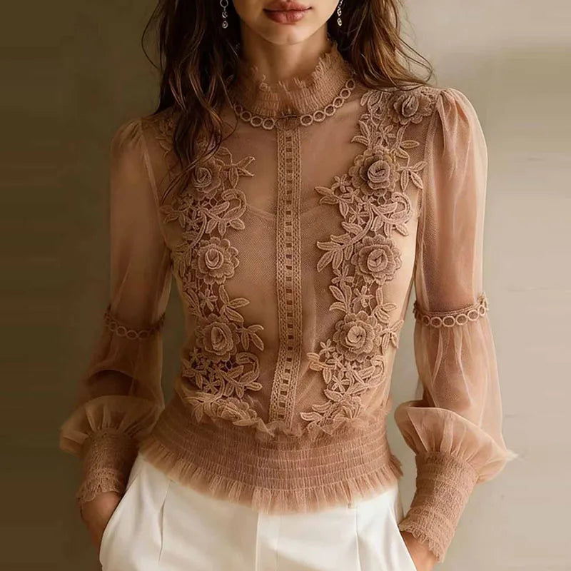 Spring Elegant Lace Mesh Hollow Sexy Blouses Women High Neck Embroidered Sheer Shirt Summer Vintage Smocked Waist Ruffle Hem Top
