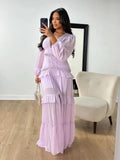 Women Ruffle Patchwork Maxi Dress Sexy V-neck Lantern Long Sleeve Hollow Out Dresses Lady Chic Split Robes Green Blue Purple New