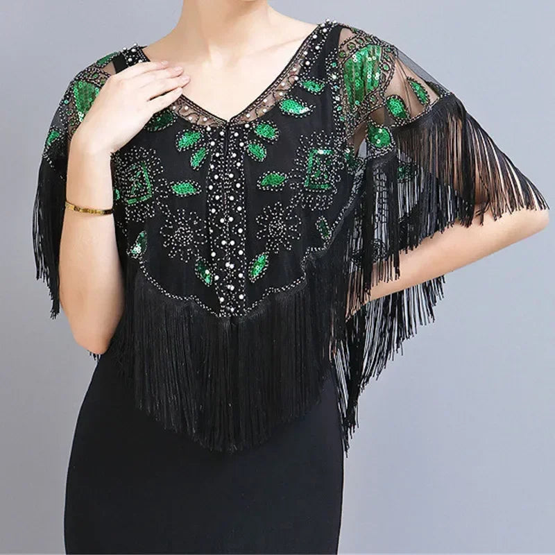 Summer Sequins Tassels Poncho Women Coat Party Outfits Cape Mesh Jacket Ladies Cloak Shawls Casaco Outerwear Wraps Woman Clothes