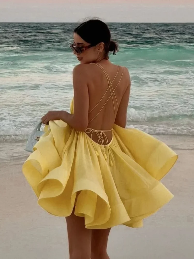 2025 Sexy Backless Lace Up Women's Sling Mini Dress Chic Solid High Waist Loose Pleated Hem Vestido Lady Summer Party Beachwear