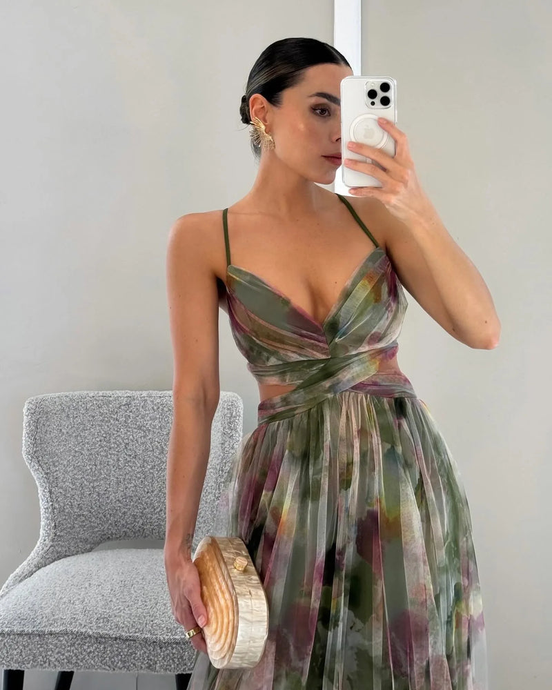 V-Neck Sexy Hollow Out Party Dress, Women Summer Loungewear Fashion Printing Maxi Dress, Sleeveless Lace-Up Ladies Dress Vestido