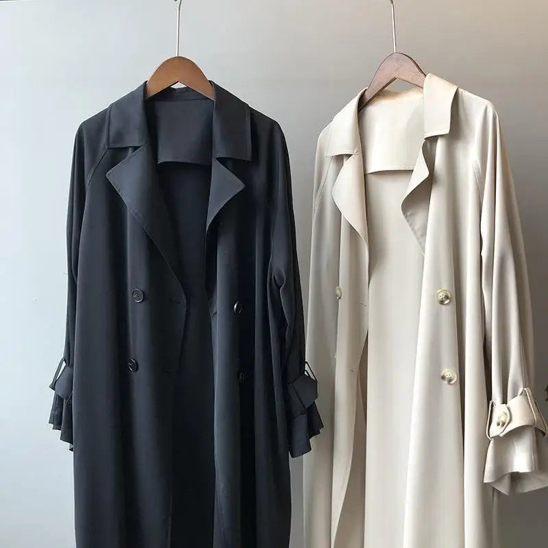 New Fashion Women's Long Trench Coat Spring Autumn Temperament Thin Windbreaker Coat Female Casual Parker Overcoat Apricot Black