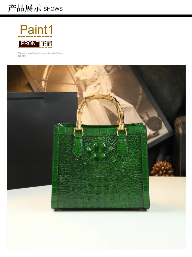 Brand Genuine Leather Real Bamboo Women's Bag Crocodile Pattern Handbag Portable Tote Bag Mom Tide Shoulder Messenger Bags