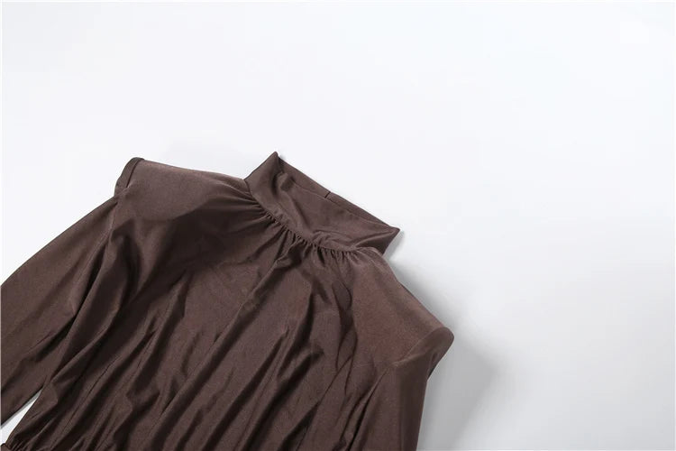 Weird Puss Elegant Shoulder Padded Dress Women Turtleneck Ruched Sexy Classic Office Commute Simple Peach Hip Slim Mini Bodycon