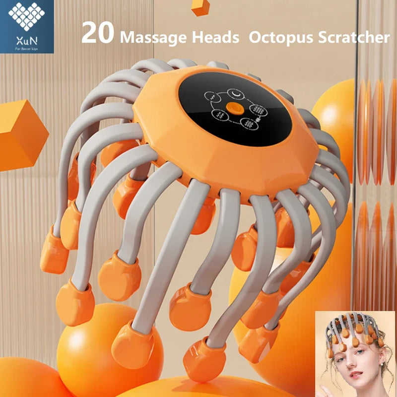 20 Cabeças de Massagem Massageador de Couro Cabeludo Laranja Vibrador de Luz Vermelha Polvo Arranhador para Relaxamento Estresse Enxaqueca