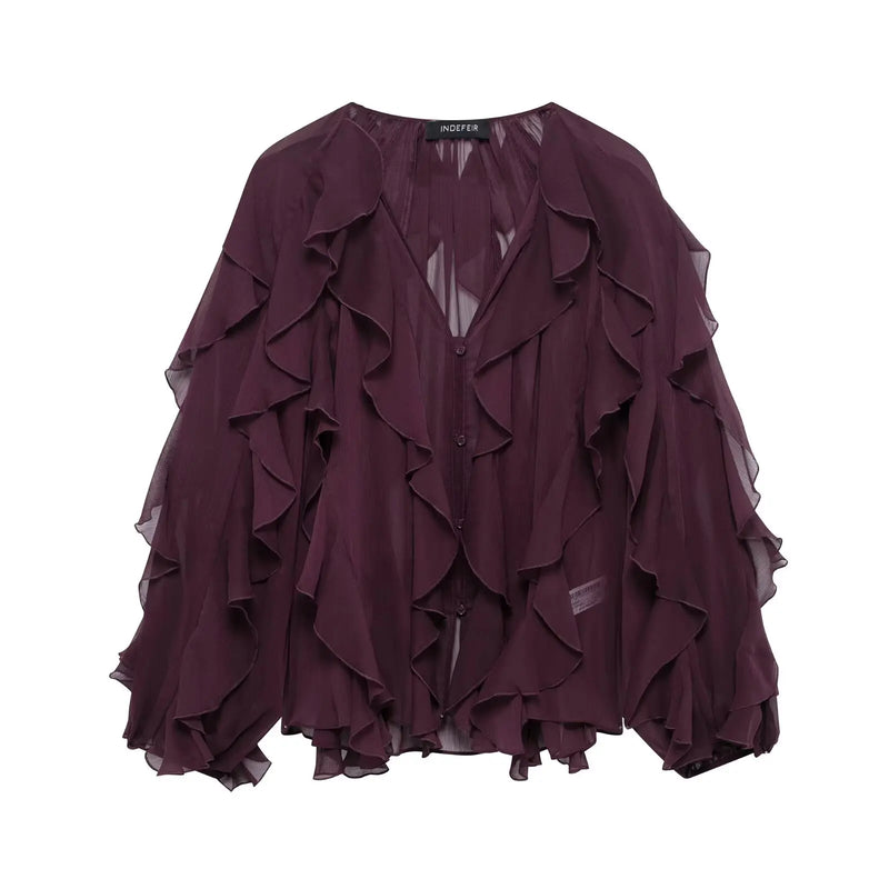 Camisa feminina casual com babados, solta, com cadarço, decote em V, blusas femininas para primavera de 2025