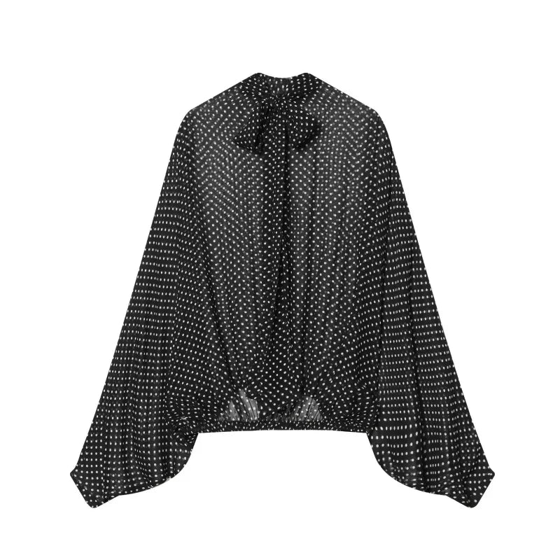 ETJ Women's Polka Dot Blouse Skirt Set 2026 Spring High Neck Batwing Sleeve Sheer Front Tie Bow Midi A-Line Dress Set