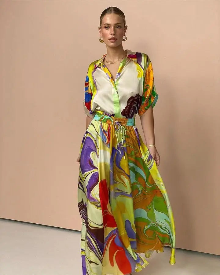 Fashionable Summer Silk Printed Women Set Dress Loose Short Sleeves Shirt Top +skirt Waist 2 Piece Sets Elegant Ladies Suit