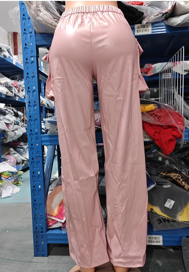 Calças casuais de couro sintético com perna reta e bolsos lisos, cintura alta, moda feminina