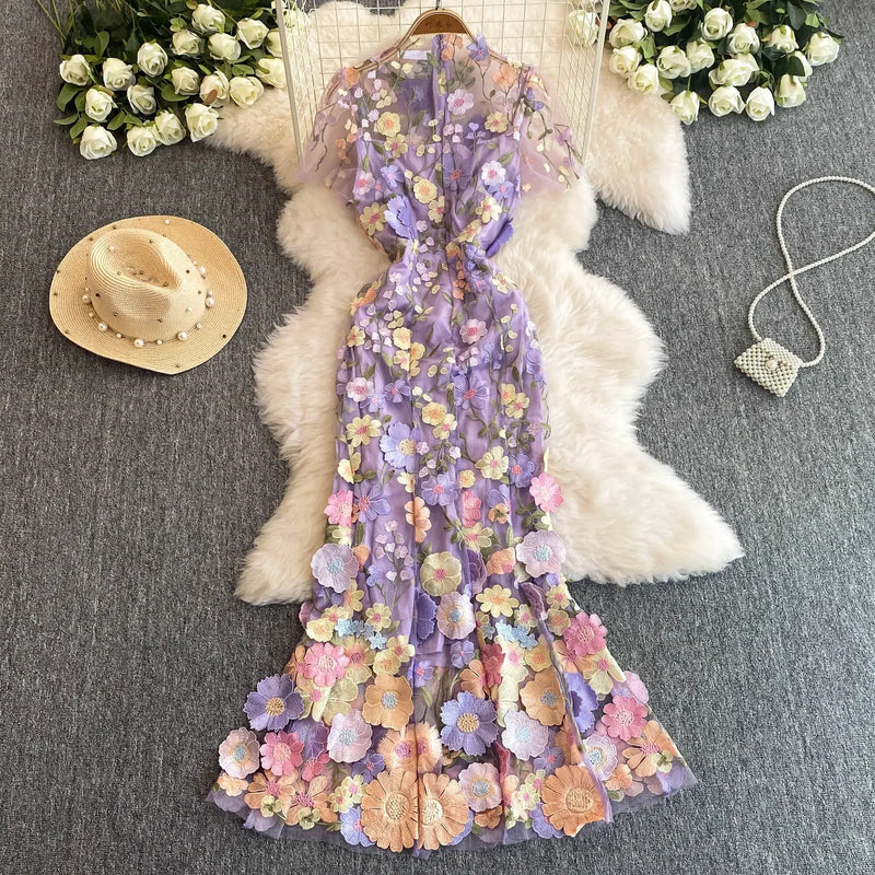 Summer High-end Embroidery Lace Prom Dress Women French Luxury 3D Flower Short Sleeve Long Dress Party Bodycon Holiday Vestido