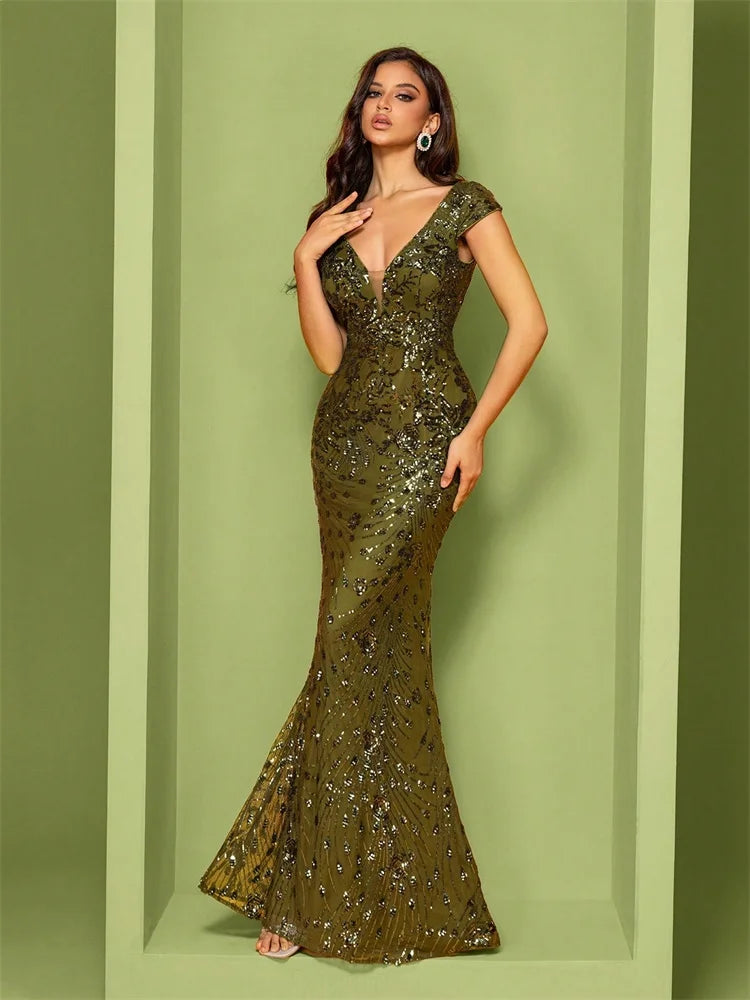 Lucyinlove Elegant Champagne Evening Dress For Women Long 2024 Luxury Mermaid Formal Sequins Prom Wedding Party Cocktail Dresses