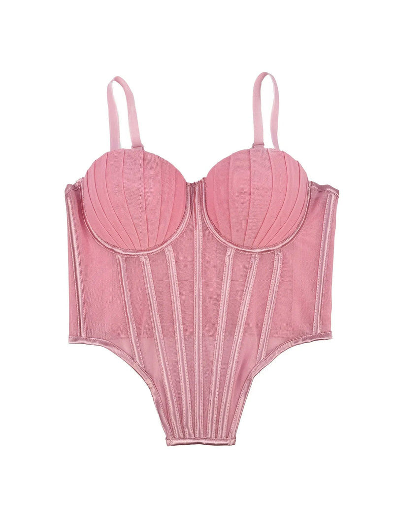 Corpete transparente de malha feminino, faixa espinha de peixe na cintura, corpete bustiê, tops sensuais