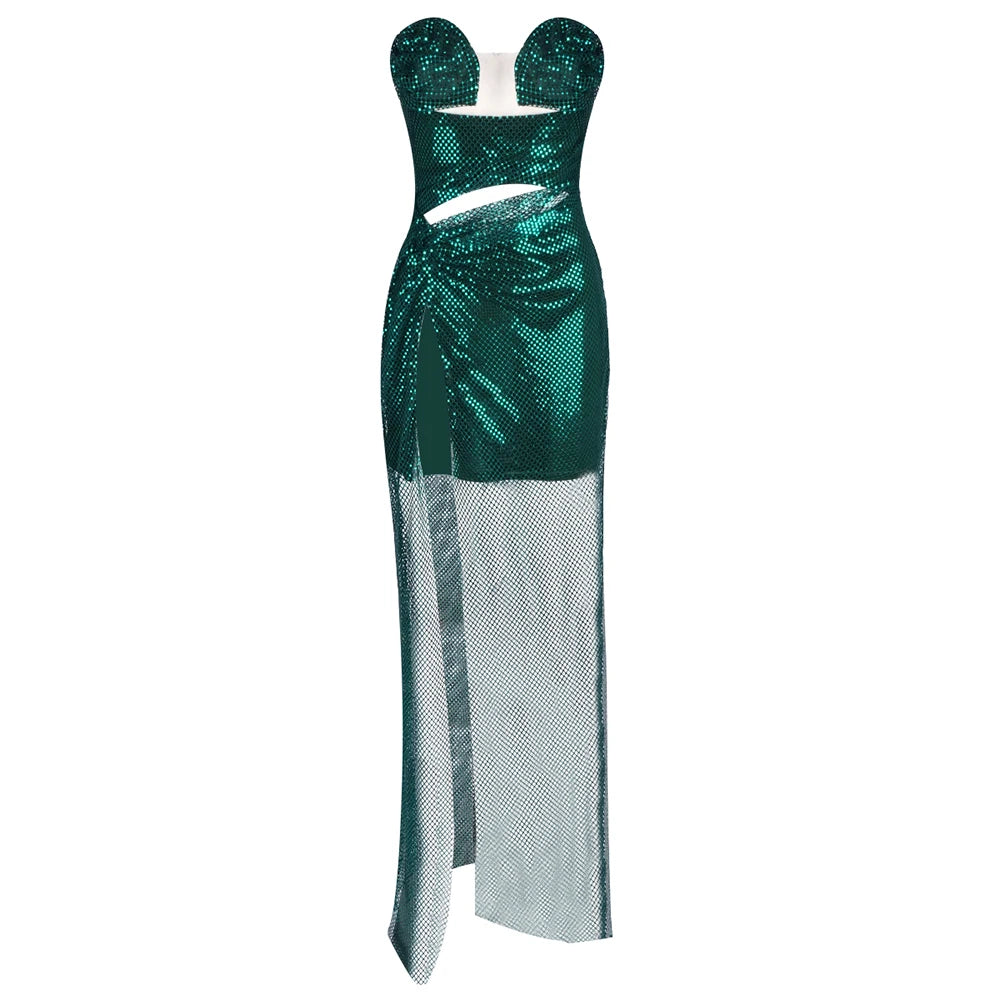 VC Glamorous Strapless Green Sequin Maxi Dress with Corset Style Bodice and Slit Party Evening Gown