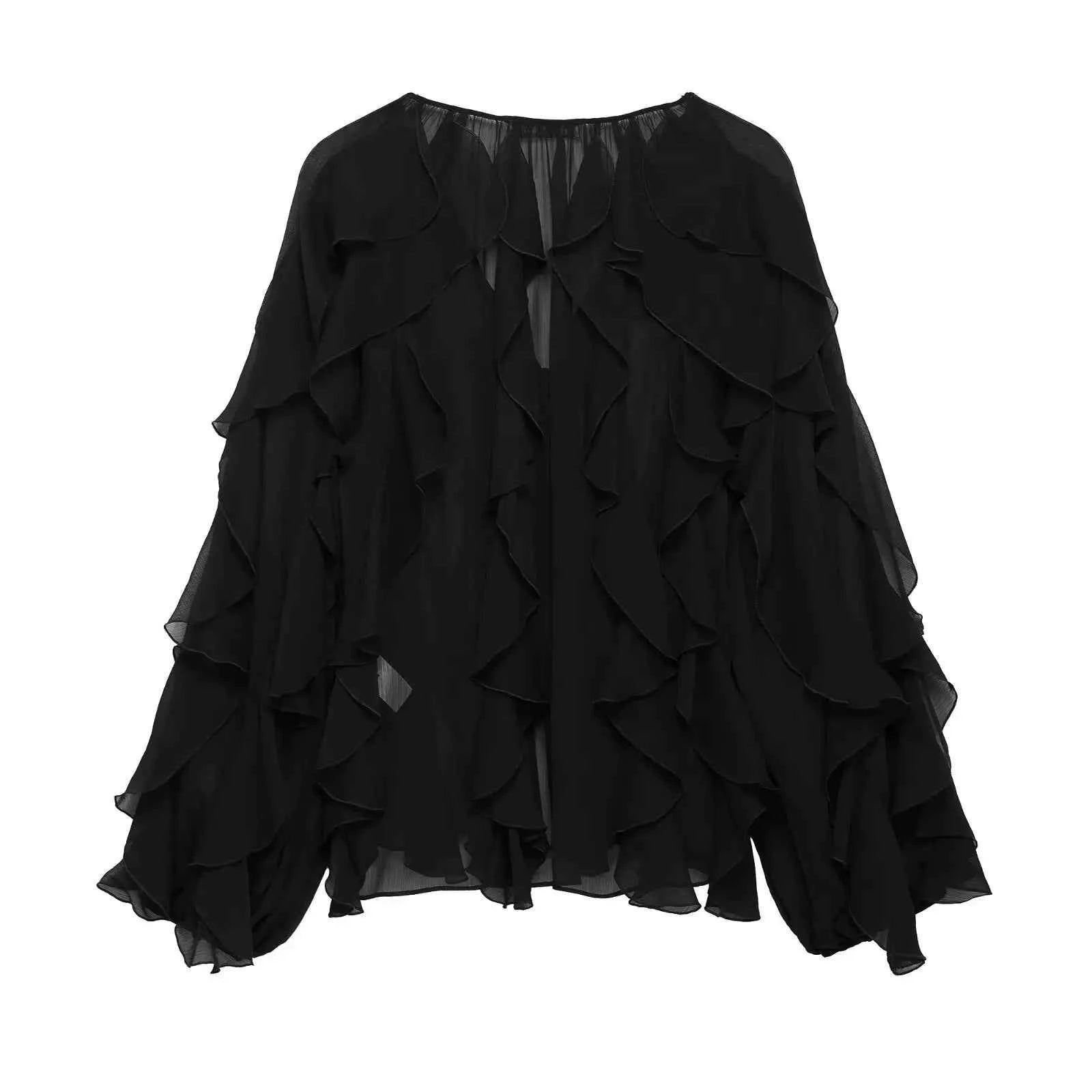 DUOPERI Women Fashion Solid Ruffled Blouse Vintage V-Neck Long Sleeves Female Chic Lady Shirts
