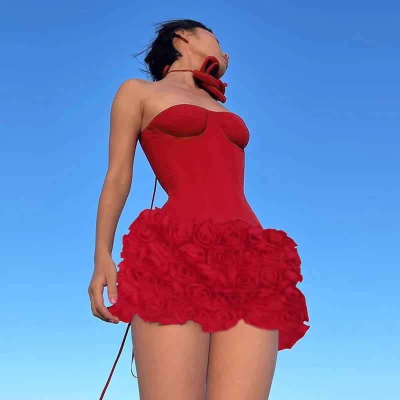 Vestido tubinho com textura floral 3D Gtpdpllt, lindo vestido vermelho sem alças, costas nuas, corpete, minivestido para mulheres, trajes de festa sensuais