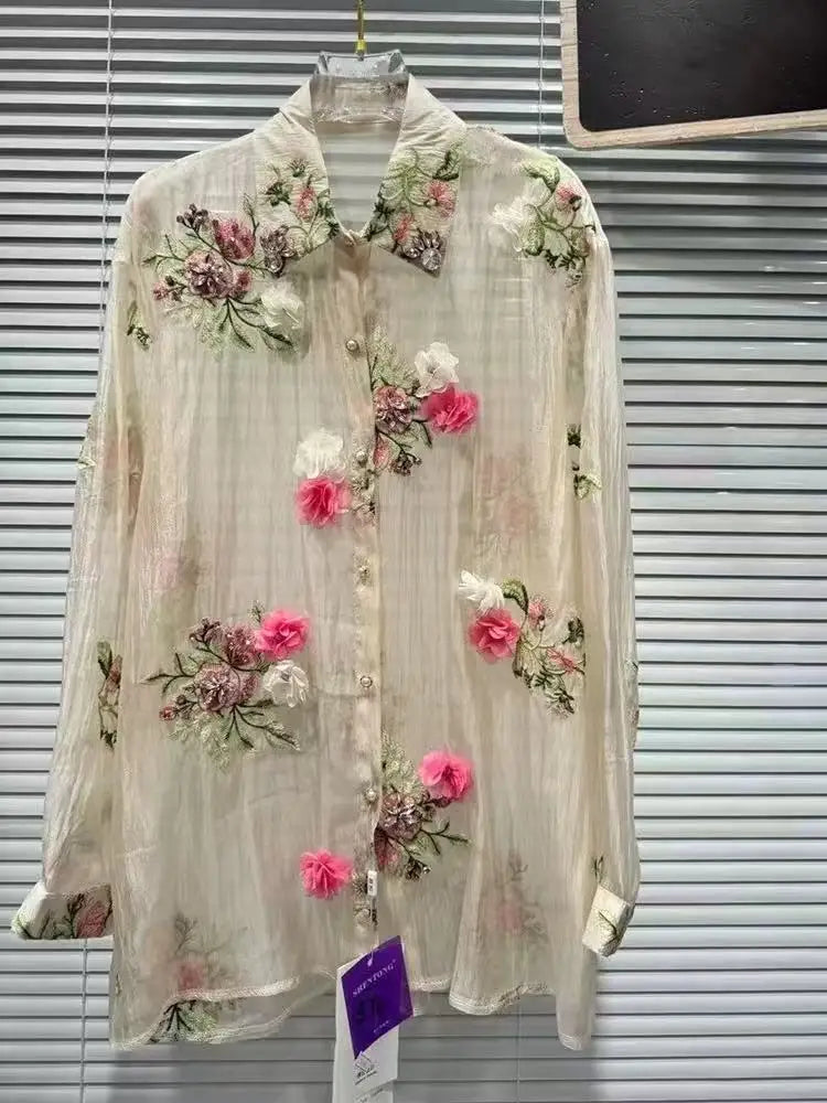 Luxury Design Summer Sparkle Diamonds Flowers Embroidery Party Shirts Blouses Women's Lightweight Sunscreen Top Woman Clothes