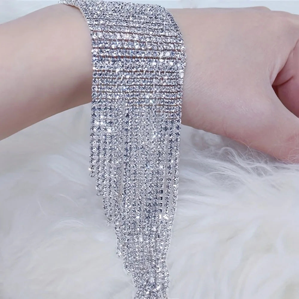 Fashion Large Rhinestone Cuff Bracelet for Women Girls Sparkly Shine Elegant  Long Tassel Design Stage Party Wrist Jewelry