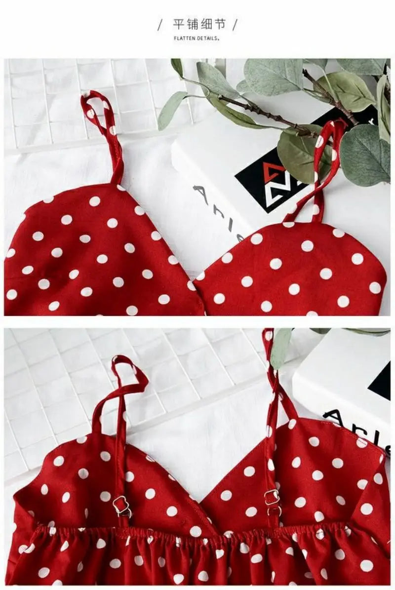 Red Polka Dot Print Chiffon Short V-Neck Sleeveless Sexy Pullover Women's Blouse Shirt Korean Fashion Female Clothing Tops 2024