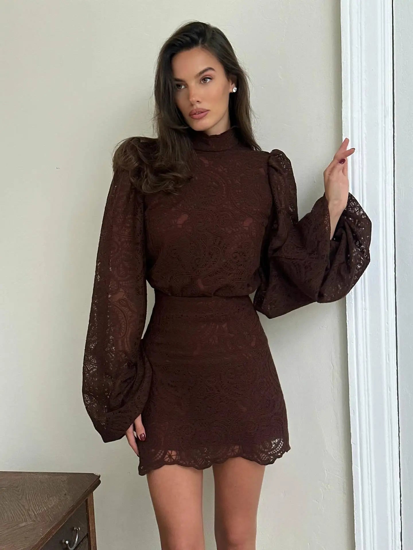 Lace Elegant Skirt Two Piece Set Women Turtleneck Hollow Out Lantern Sleeve Tops Irregular Hem Mini Skirt 2025 Chic Party Suit