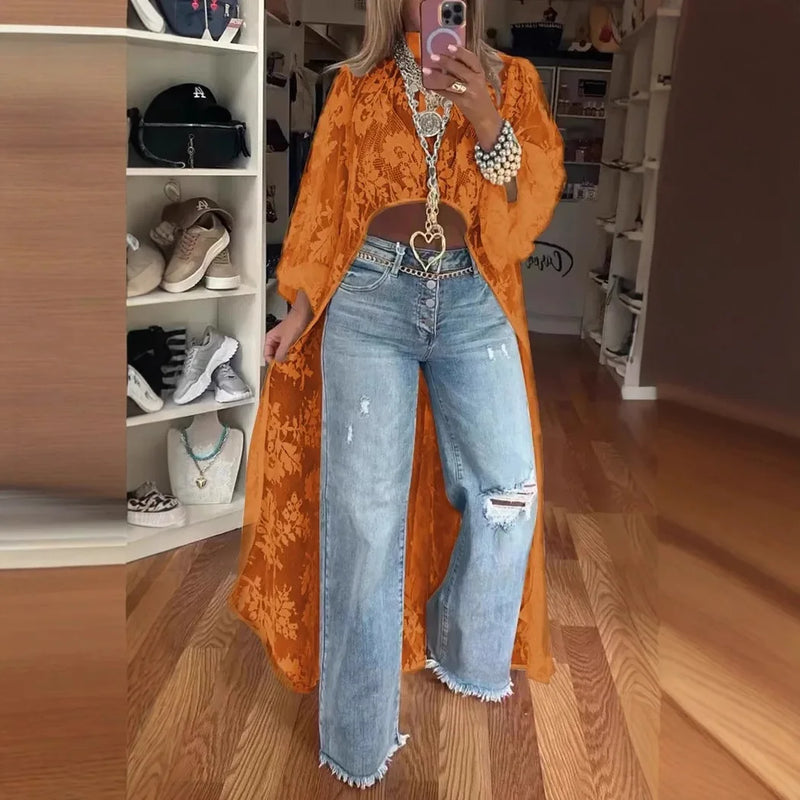 Blusa feminina nova moda 2025 com renda floral e gola alta, manga bufante, frente vazada, curta e longa