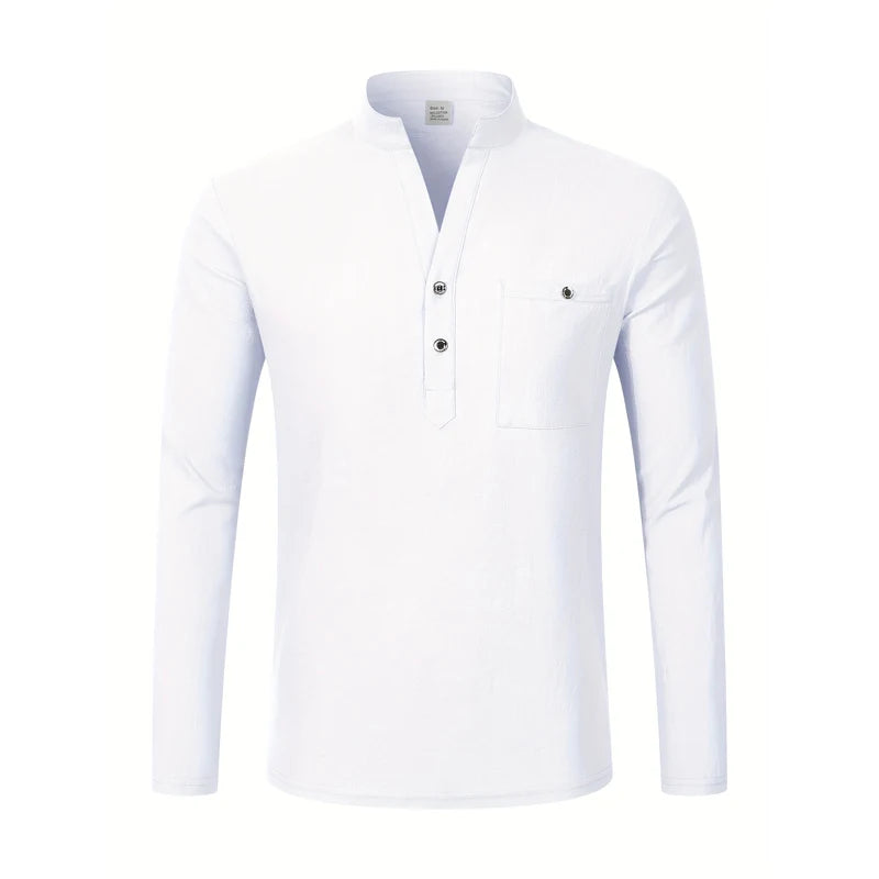 Men's Lightweight Shirts Long Sleeve Henley Cotton Linen Shirts for Male Beach Hawaiian V-neck Top Breathable Polo Shirts top