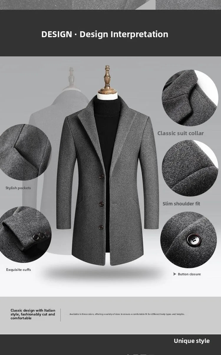 Men's Woolen Coat Autumn Winter Long Style Slim Fit Fashionable Outerwear Rabbit Fur 100% Versatile for All Seasons