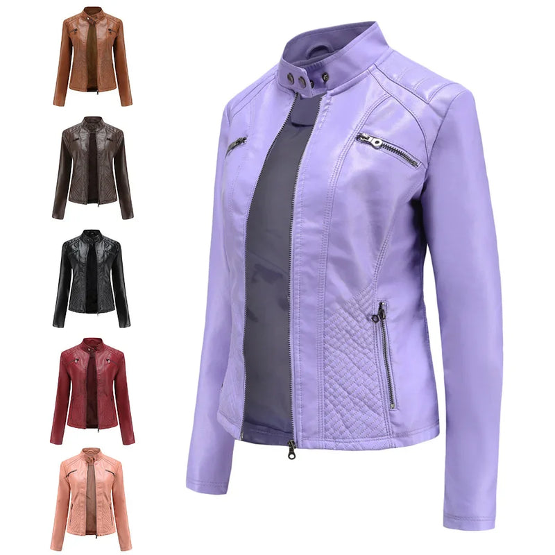 Casaco feminino moda tendência simples outono inverno gola analógica zíper jaqueta de couro do plutônio da motocicleta para mulher - CRAVO ROSE