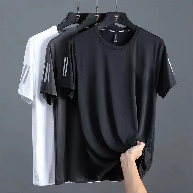 Camiseta masculina em torno do pescoço de secagem rápida mangas curtas fina respirável meia manga topo esporte masculino solto-ajuste - CRAVO ROSE