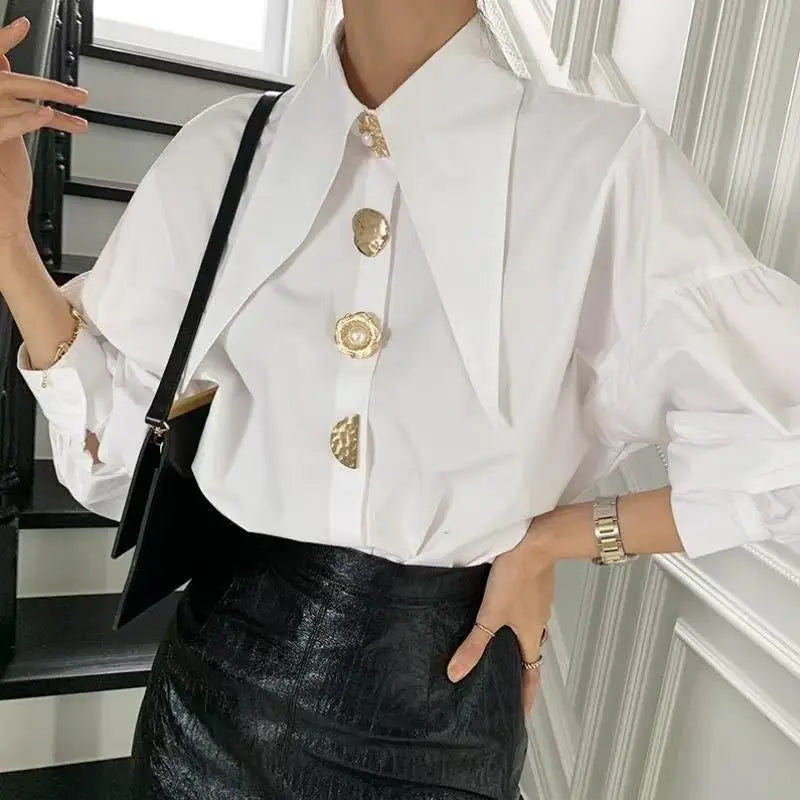 2026 Casual Long-sleeve Shirt Women New Fashion Turn Down Collar Big Button Retro Blouse Female