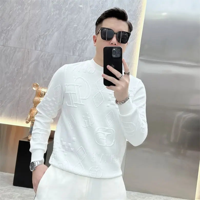 Winter New Letter Jacquard Long Sleeved T-shirt for Men Trendy and Fashionable Slim Fit and Stylish Youth Long Sleeved Shirt