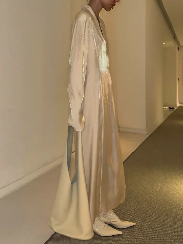 Fashion Solid Shiny Laser Color Splicing Long Dress Chic V Neck Full Sleeves Split Maxi Dresses Spring Women New Party Vestidos