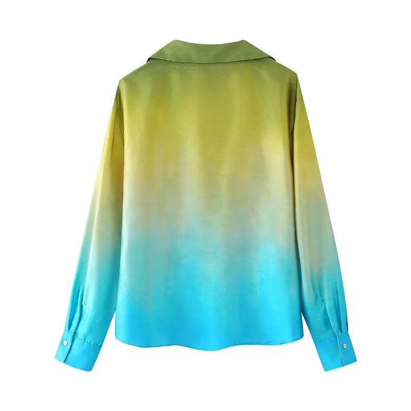 TRAFZA Women Summer Tie Dye 2-Piece Set Turn Down Collar Shirt+High Waist Vintage Gradient Pockets Zipper Casual Wide Leg Pant