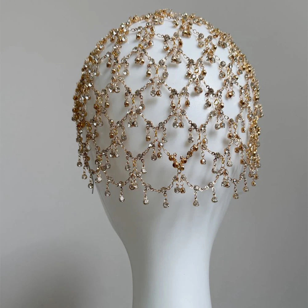 Fashion Round Crystal Mesh Forehead Headband Wedding for Women Handmade Bridal Hollow Rhinestone Hair Chain Hat Boho Accessories