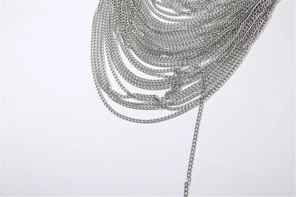 Women Metal Chain Tassel Tank Top Sexy Deep V Neck Backless Hollow Out See Through Crop Top Body Chain Party Club Camisole