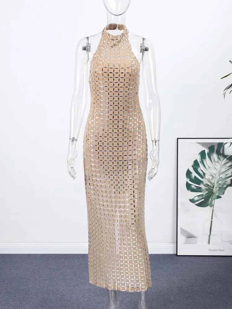 Luxury Diamonds Halter Long Dress Women Sexy Slim Sleeveless Backless Split Party Dresses 2026 Spring Summer Lady Evening Robes