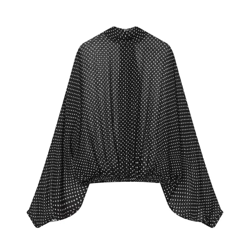ETJ Women's Polka Dot Blouse Skirt Set 2026 Spring High Neck Batwing Sleeve Sheer Front Tie Bow Midi A-Line Dress Set