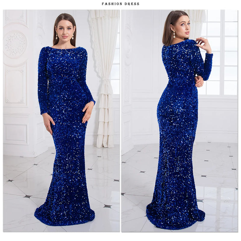 Romagic Elegant Women Modest Stretch Sequin Royal Blue Wedding Prom Gown Long Sleeves Mermaid Formal Evening Party Dress 2025