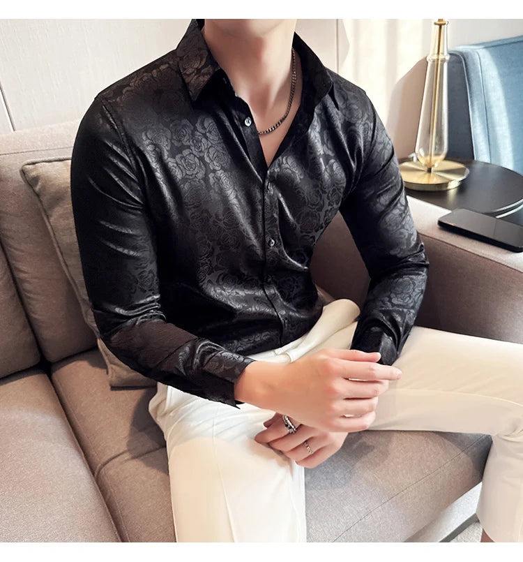 Men's Social Shirt New Rose Printed Long Sleeve Shirt Luxury Fashion Business Slim Fit Formal Shirt Men's Clothing 4XL-M