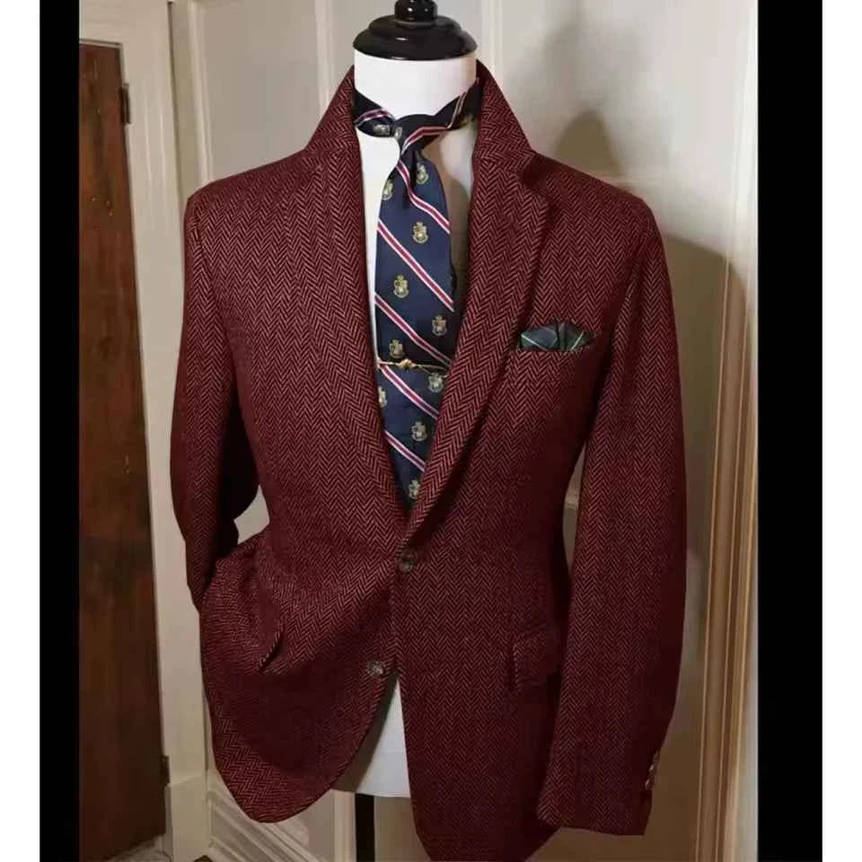 Men's Herringbone Tweed Blazer Vintage British Slim Fit Suit Jacket Wool Blend Formal Coat with Pocket Square Wedding Casual