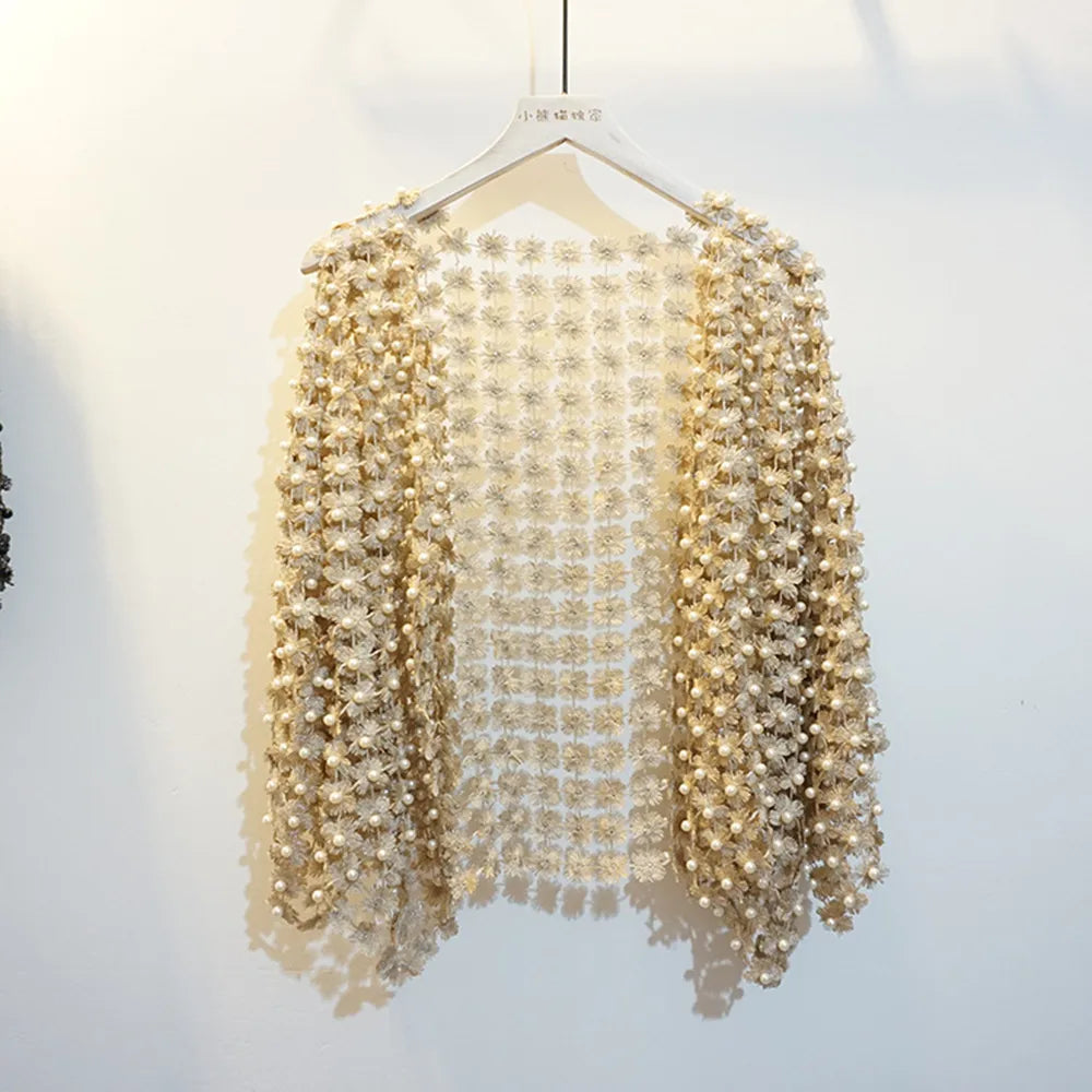 Women Beads Coat 2025 Summer Style Women Perspective Shawl Fashion Hollow Out Lace Boleros Short Sleeve Coats Jackets Femal