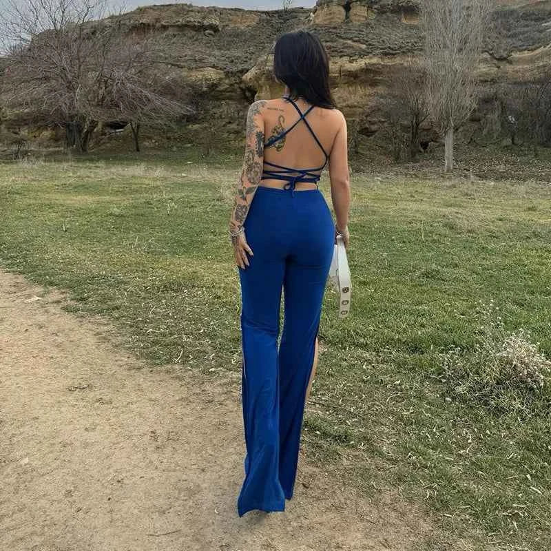 Women New Summer Elegant Jumpsiuits Sexy Backless Sling Slim Streetwear Bandage Halter Sleeveless Split Long Jumpsiuits Clothing