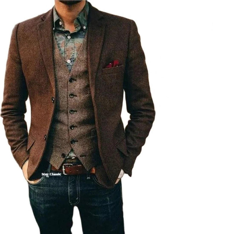 S-6XL (apenas casaco) terno masculino marrom espinha de peixe blazer baile smoking lã tweed único breasted dois botões jaqueta - CRAVO ROSE