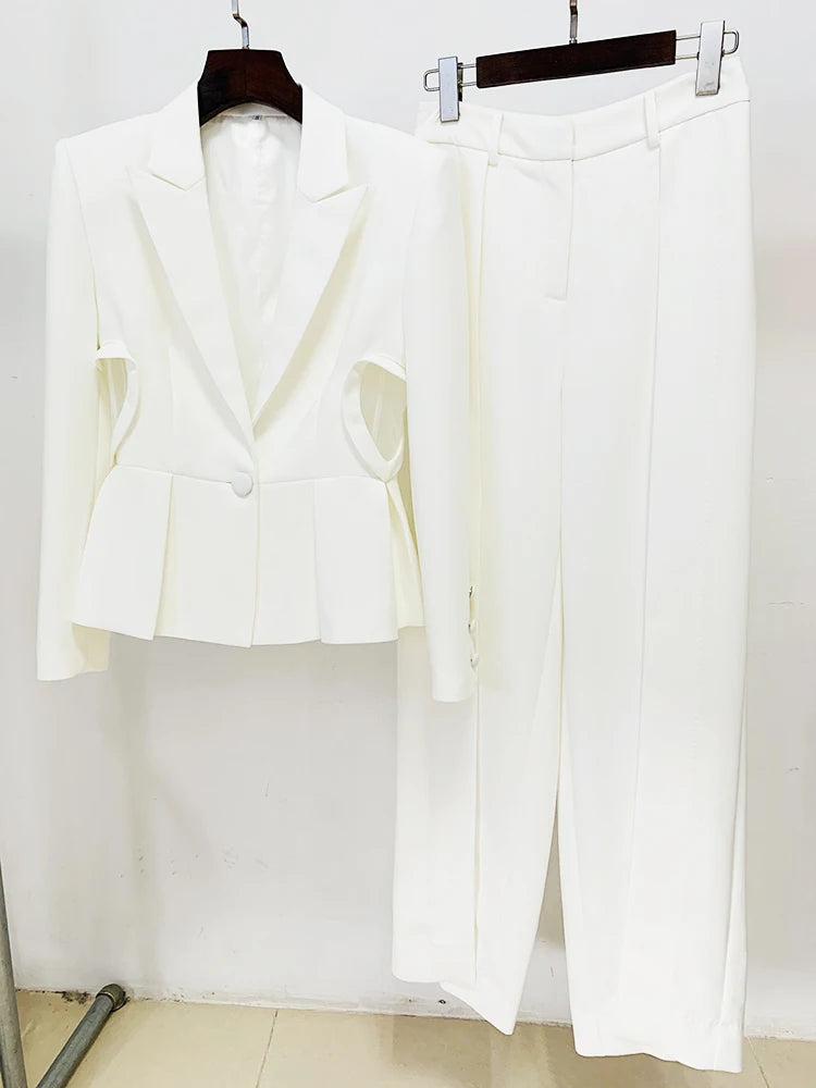 HIGH STREET Newest 2026 Designer Runway Fashion Suit Set Women's Hollow Out Single Button Blazer Slit Pants Suit 2pcs