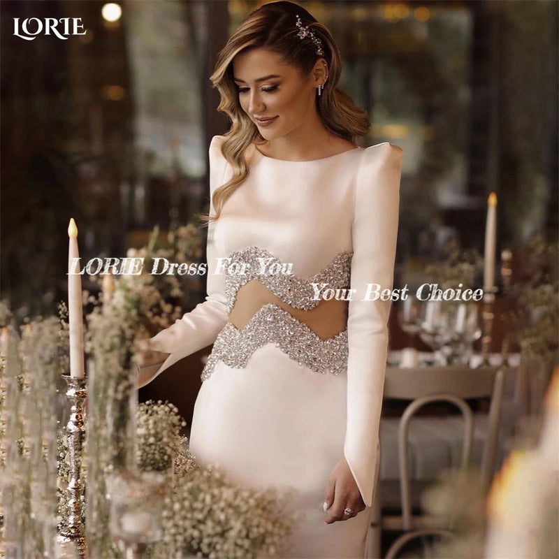 LORIE Luxury Satin Mermaid Wedding Dresses Cap Sleeves Glitter Solid Sexy Evening Bridal Gowns Sequins O-Neck Prom Bride Dress - CRAVO ROSE