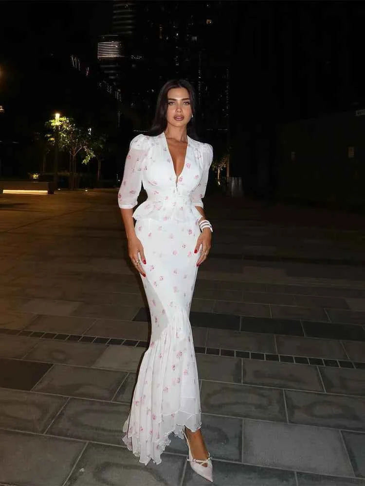 Women White Floral Print Maxi Dress V Neck Puff Sleeve Peplum Waist Fishtail Hem Chiffon Robe Elegant Party Wedding Guest Gown