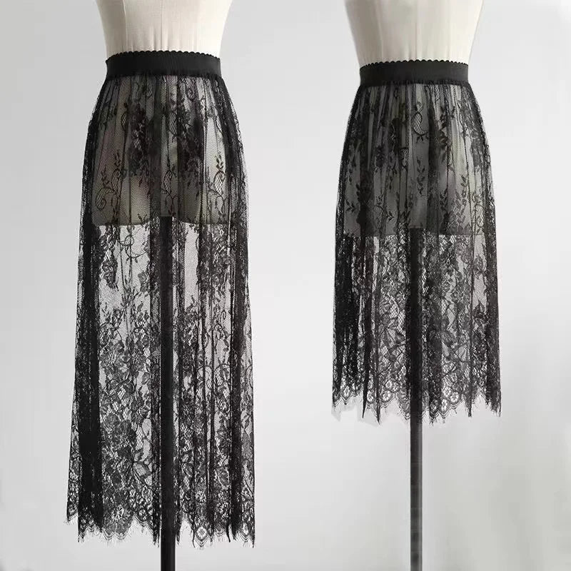 Saia preta elegante de 2 comprimentos, renda branca, transparente, saia longa de tule, feminina, elástica, cintura alta, praia, saia midi