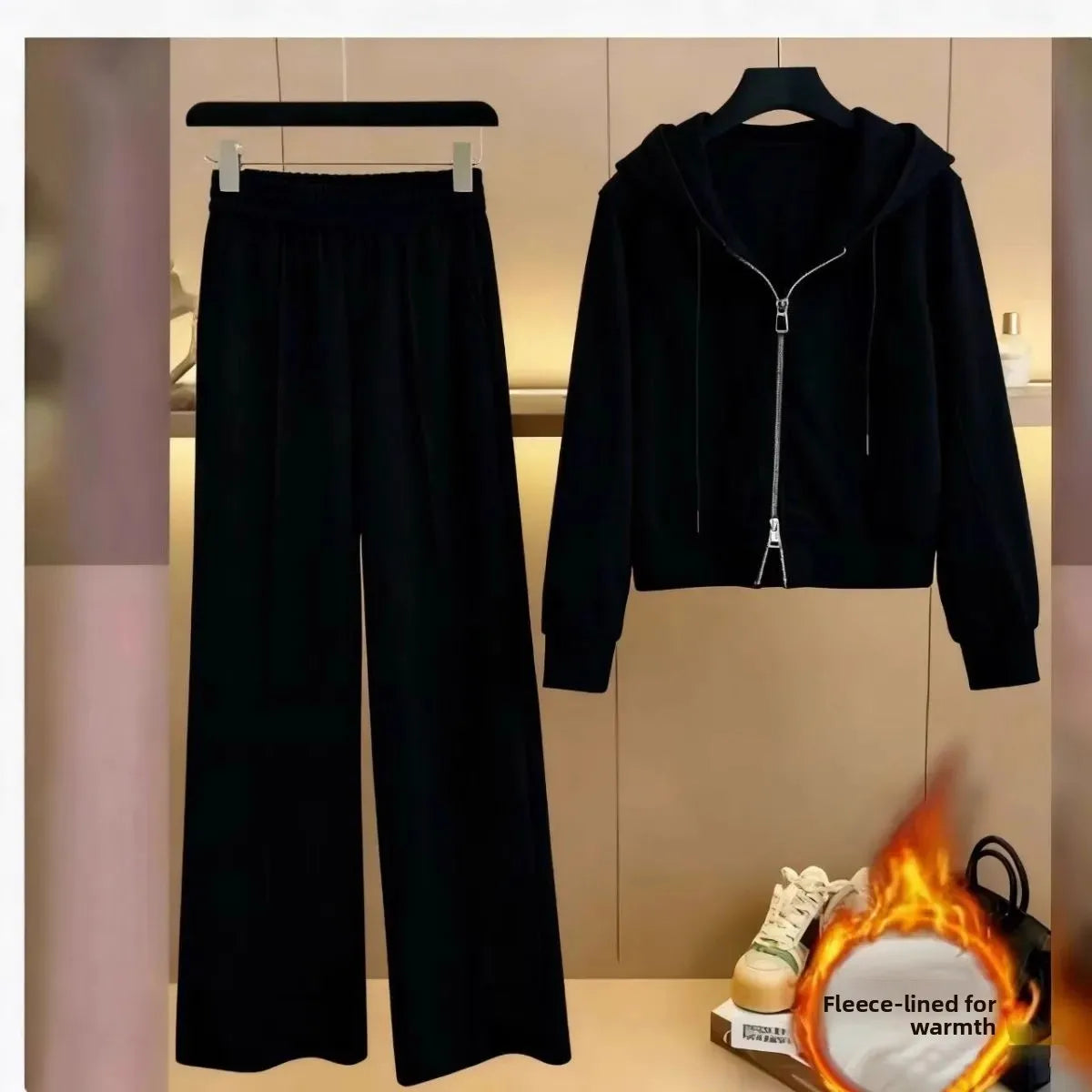 Women's Fleece Lined Thick Casual Sports Suit Set Hoodie Jacket Wide Leg Pants Two Piece Set Autumn Winter Fashion New Style