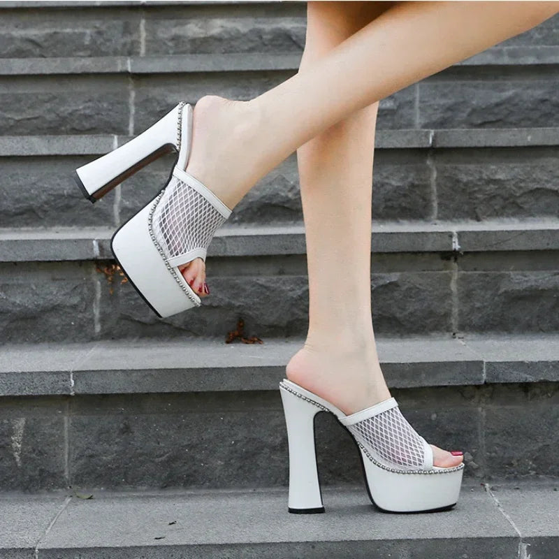 Women Mesh Lace Sandals  Summer Sexy High Heels Platform Slippers Ladies Fashion Bright Leather Comfort Open Toe Sandals
