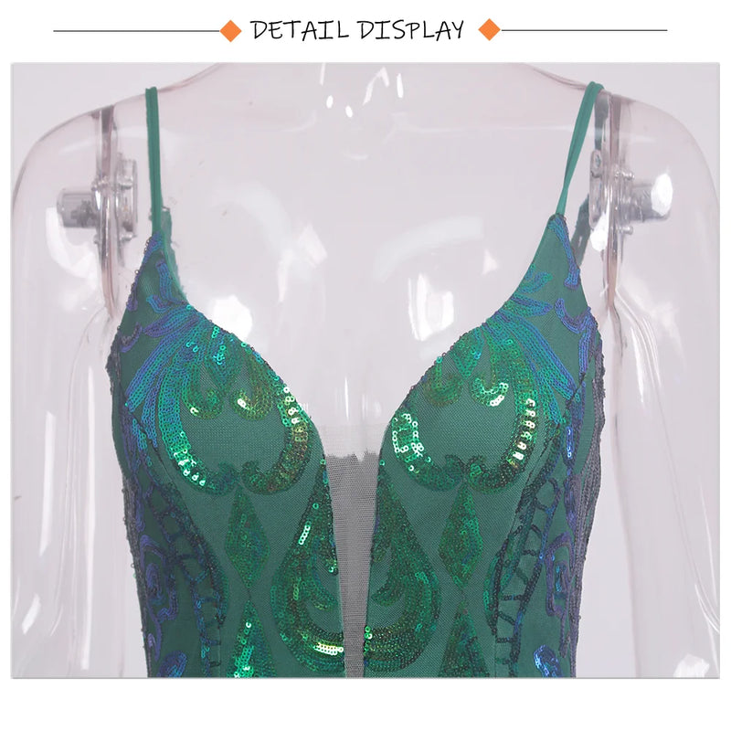 Romagic Deep V Neck Sleeveless Green Cocktail Prom Dress Spaghetti Strap Sequin Luxury Evening Party Women Long Mermaid Dresses