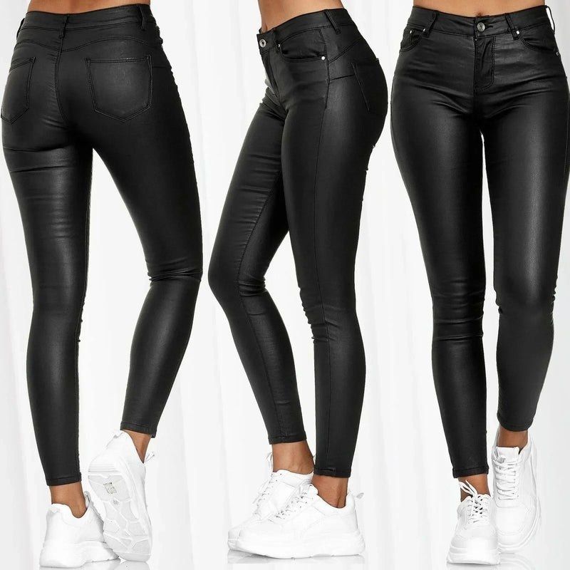 Calças de couro sintético, leggings femininas casuais elásticas e sensuais, couro sintético sólido, calças lápis justas